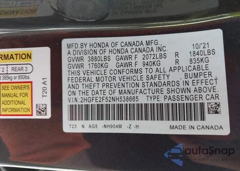 2022 Honda Civic Sport из США, поврежденный, VIN 2HGFE2F52NH538665